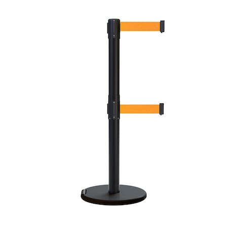 Montour Line Retractable Double Belt Rolling Stanchion, Fluorescent Orange, 9 ft Length, 2.5 ft Post Height P400DRL-BK-FOR-90